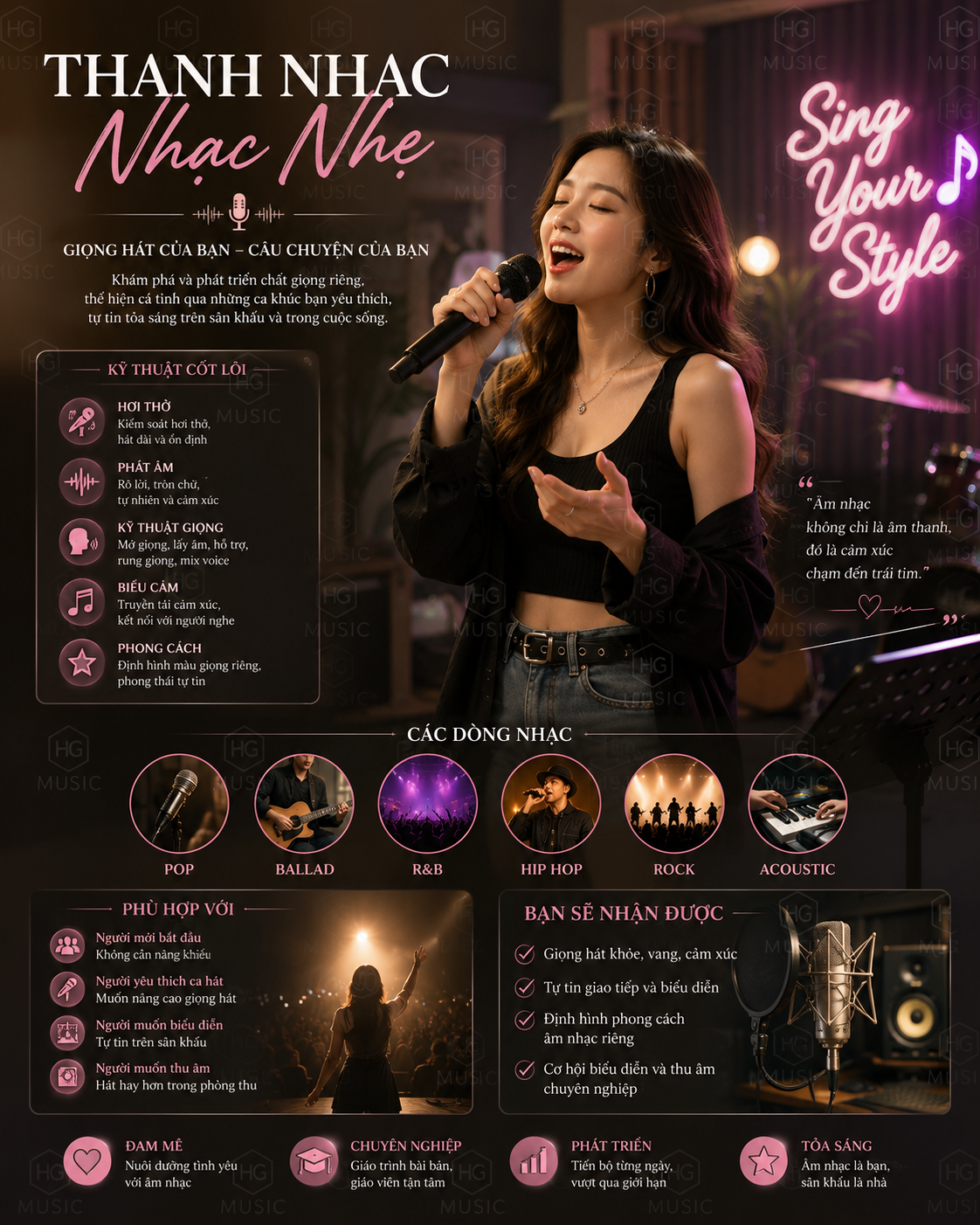 Poster HG Music giới thiệu thanh nhạc nhạc nhẹ, minh họa ca sĩ cầm micro trên sân khấu.