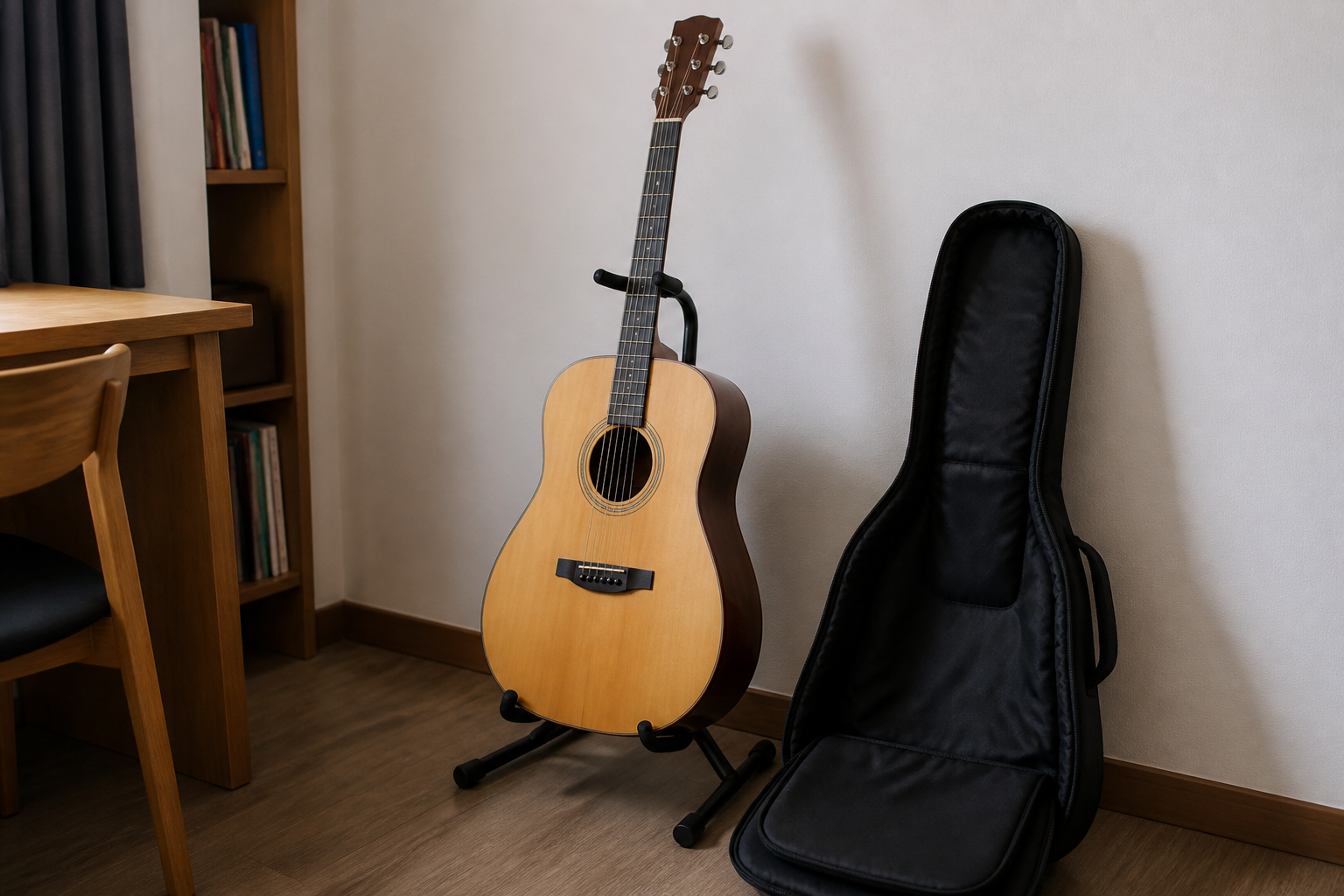 Guitar acoustic 6 dây được đặt chắc chắn trên giá đỡ cạnh túi đàn
