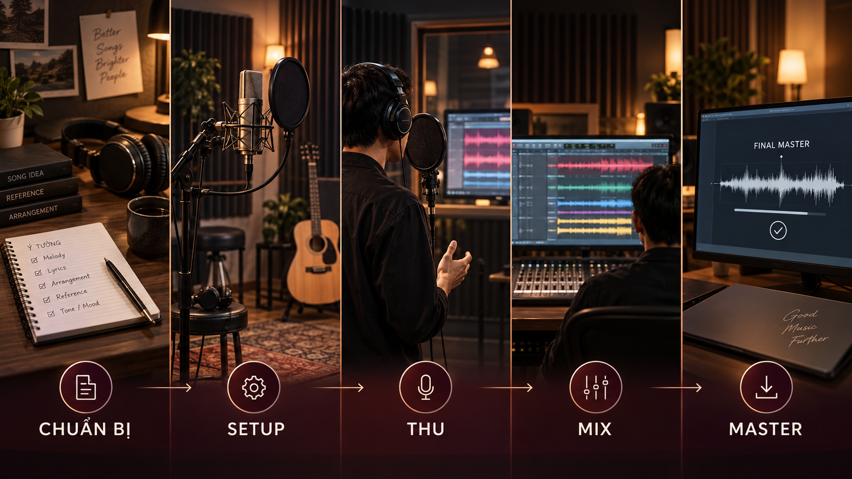 Quy trình thu âm gồm chuẩn bị, setup, thu, mix và master