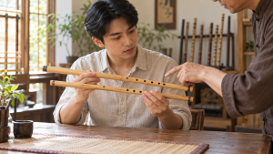 Giáo viên hướng dẫn người mới cầm sáo trúc và tìm vị trí thổi, ảnh minh họa AI