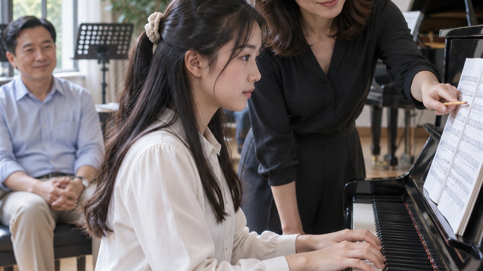 Học viên piano luyện bài cùng giáo viên trong lớp nhạc