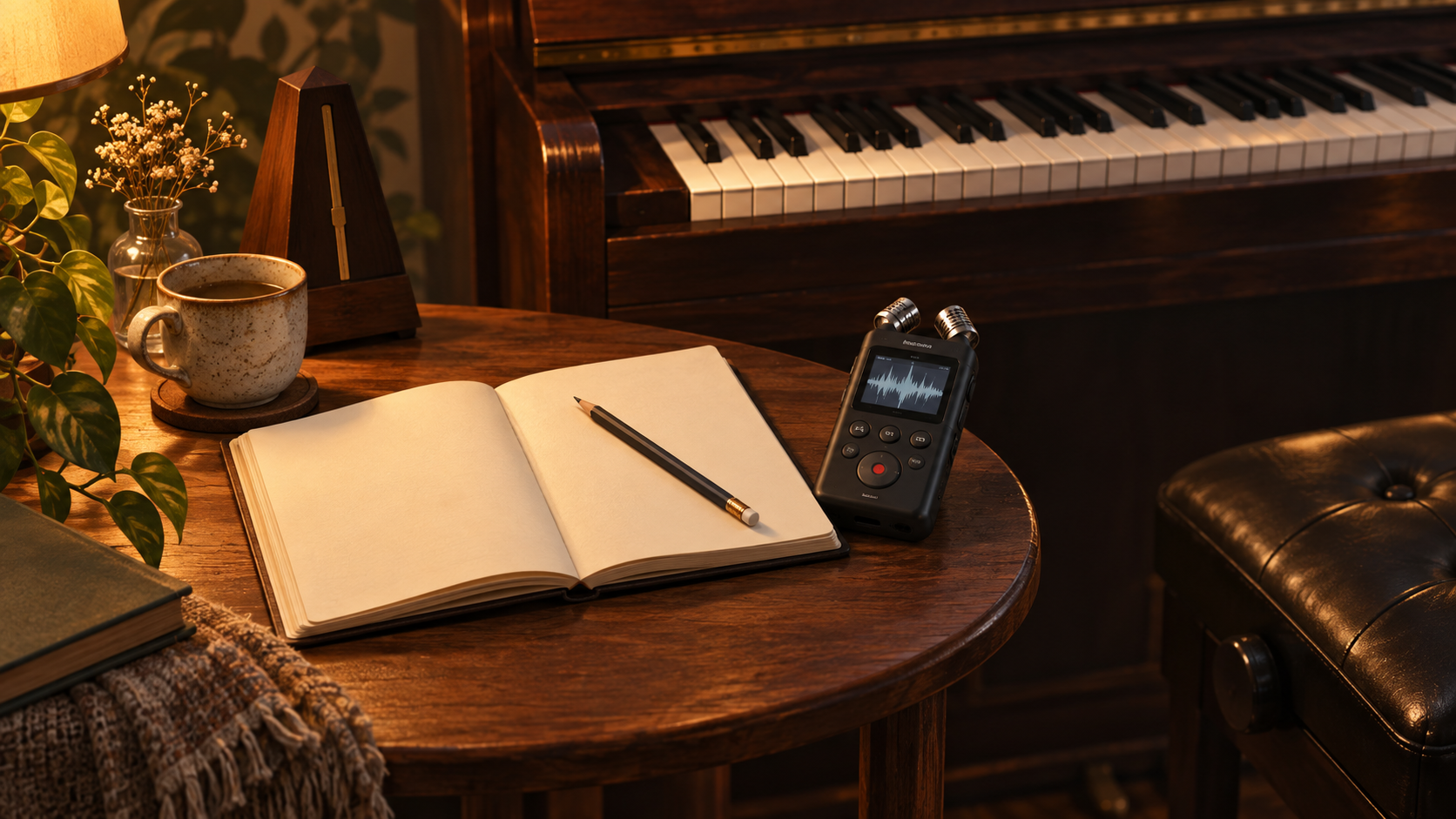 Minh họa sổ ghi chép đặt cạnh đàn piano và thiết bị ghi âm.