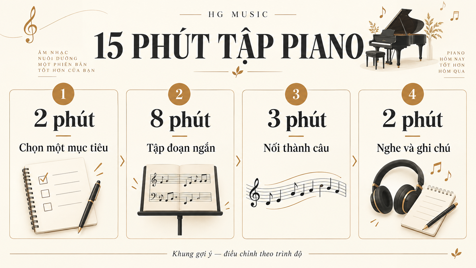 Bốn phần luyện piano 15 phút: 2 phút chọn mục tiêu, 8 phút tập đoạn ngắn, 3 phút nối câu và 2 phút ghi chú.
