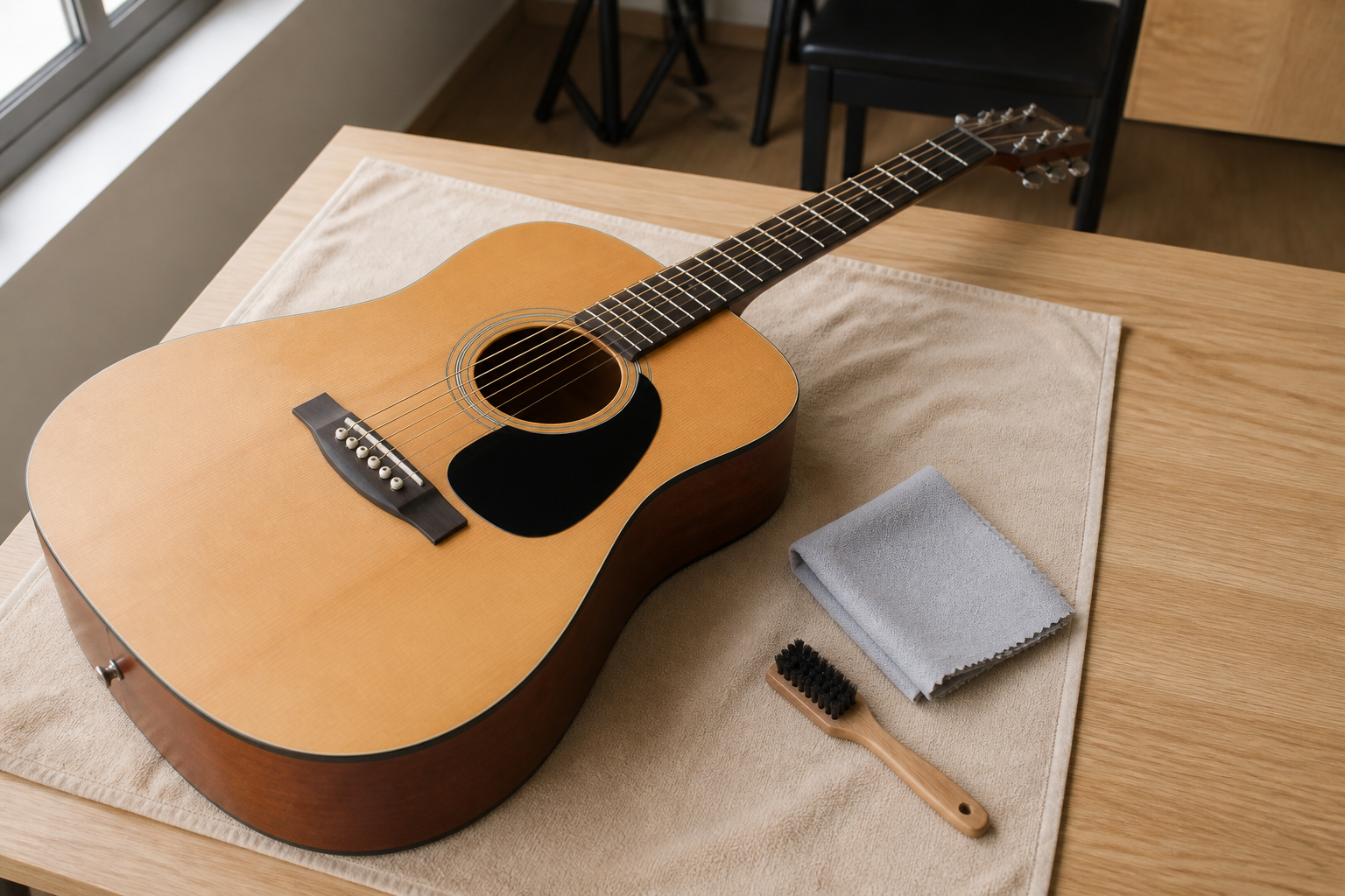 Guitar acoustic 6 dây đặt trên khăn mềm cùng khăn microfiber và chổi mềm để vệ sinh