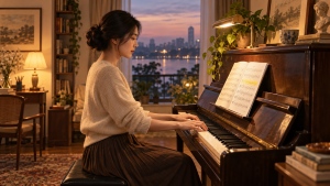 Minh họa người lớn dành thời gian luyện piano 15 phút mỗi ngày trong không gian ấm áp.