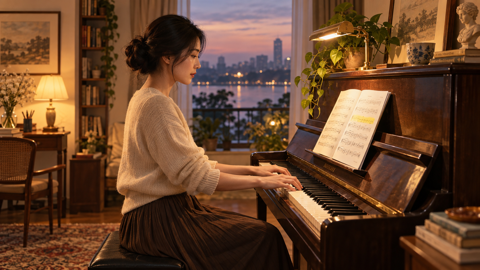 Minh họa người lớn dành thời gian luyện piano 15 phút mỗi ngày trong không gian ấm áp.