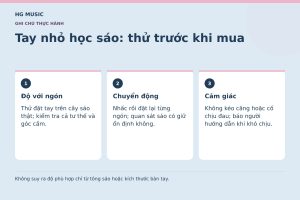 Đồ họa Tay nhỏ học sáo: thử trước khi mua: Độ với ngón – Thử đặt tay trên cây sáo thật; kiểm tra cả tư thế và góc cầm.; Chuyển động – Nhấc rồi đặt lại từng ngón; quan sát sáo có giữ ổn định không.; Cảm giác – Không kéo căng hoặc cố chịu đau; báo người hướng dẫn khi khó chịu.