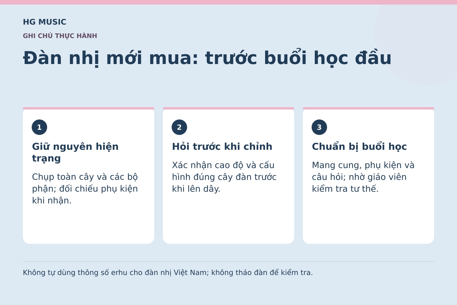 Đồ họa Đàn nhị mới mua: trước buổi học đầu: Giữ nguyên hiện trạng – Chụp toàn cây và các bộ phận; đối chiếu phụ kiện khi nhận.; Hỏi trước khi chỉnh – Xác nhận cao độ và cấu hình đúng cây đàn trước khi lên dây.; Chuẩn bị buổi học – Mang cung, phụ kiện và câu hỏi; nhờ giáo viên kiểm tra tư thế.