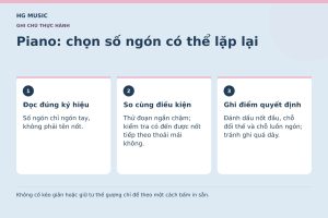 Đồ họa Piano: chọn số ngón có thể lặp lại: Đọc đúng ký hiệu – Số ngón chỉ ngón tay, không phải tên nốt.; So cùng điều kiện – Thử đoạn ngắn chậm; kiểm tra có đến được nốt tiếp theo thoải mái không.; Ghi điểm quyết định – Đánh dấu nốt đầu, chỗ đổi thế và chỗ luồn ngón; tránh ghi quá dày.