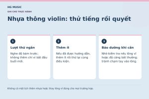 Đồ họa Nhựa thông violin: thử tiếng rồi quyết: Lượt thử ngắn – Nghe độ bám trước; không thêm chỉ vì bắt đầu buổi mới.; Thêm ít – Nếu đã được hướng dẫn, thêm ít rồi thử lại cùng điều kiện.; Bảo dưỡng khi cần – Nhờ kiểm tra nếu lông vĩ hoặc độ căng bất thường; tránh chạm tay vào lông.