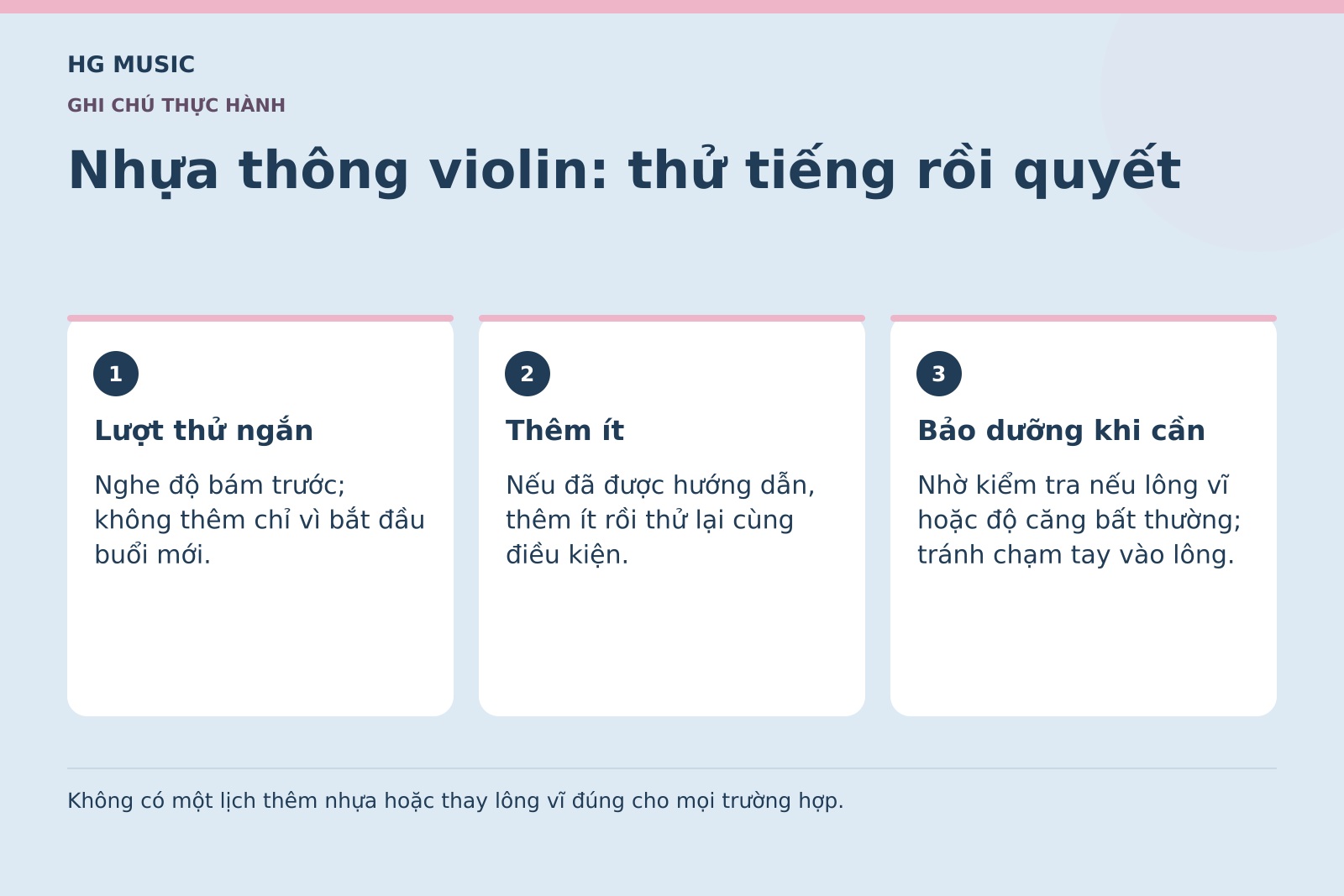 Đồ họa Nhựa thông violin: thử tiếng rồi quyết: Lượt thử ngắn – Nghe độ bám trước; không thêm chỉ vì bắt đầu buổi mới.; Thêm ít – Nếu đã được hướng dẫn, thêm ít rồi thử lại cùng điều kiện.; Bảo dưỡng khi cần – Nhờ kiểm tra nếu lông vĩ hoặc độ căng bất thường; tránh chạm tay vào lông.