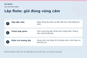 Đồ họa Lắp flute: giữ đúng vùng cầm: Hộp đặt chắc – Nhận đúng ba phần và đặt hộp trên mặt phẳng ổn định.; Tránh bóp phím – Cầm vùng ống gần khớp theo hướng dẫn; không vặn mạnh khớp kẹt.; Kiểm tra hướng lắp – Dùng mốc của hãng rồi nhờ giáo viên chỉnh theo tư thế thực tế.