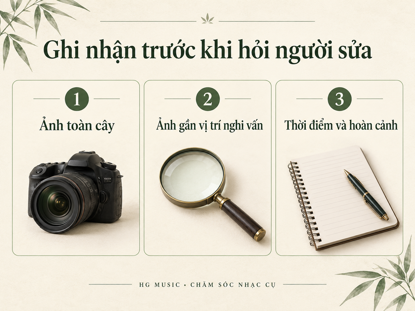 Ba thông tin ghi nhận trước khi hỏi người sửa sáo: ảnh toàn cây, ảnh gần vị trí nghi vấn, thời điểm và hoàn cảnh phát hiện.