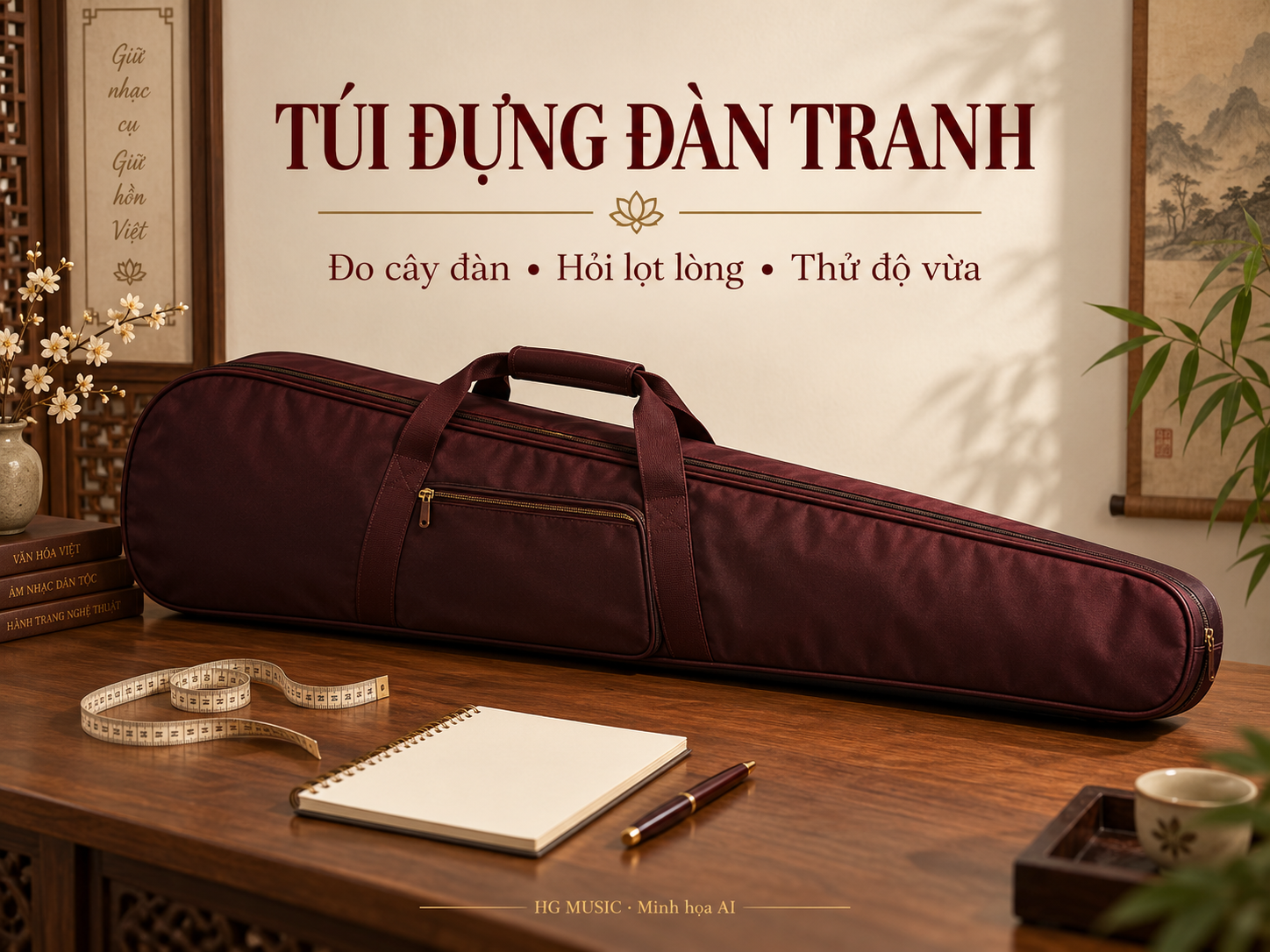 Túi đựng đàn dạng dài đặt cạnh thước dây và sổ ghi số đo; nhắc đo cây đàn, hỏi kích thước lọt lòng và thử độ vừa.