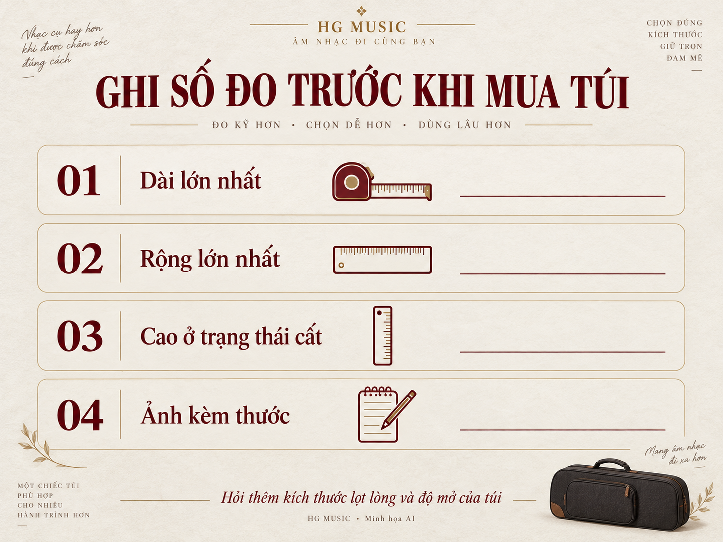 Phiếu ghi dài lớn nhất, rộng lớn nhất, chiều cao ở trạng thái cất và ảnh kèm thước trước khi chọn túi đàn.