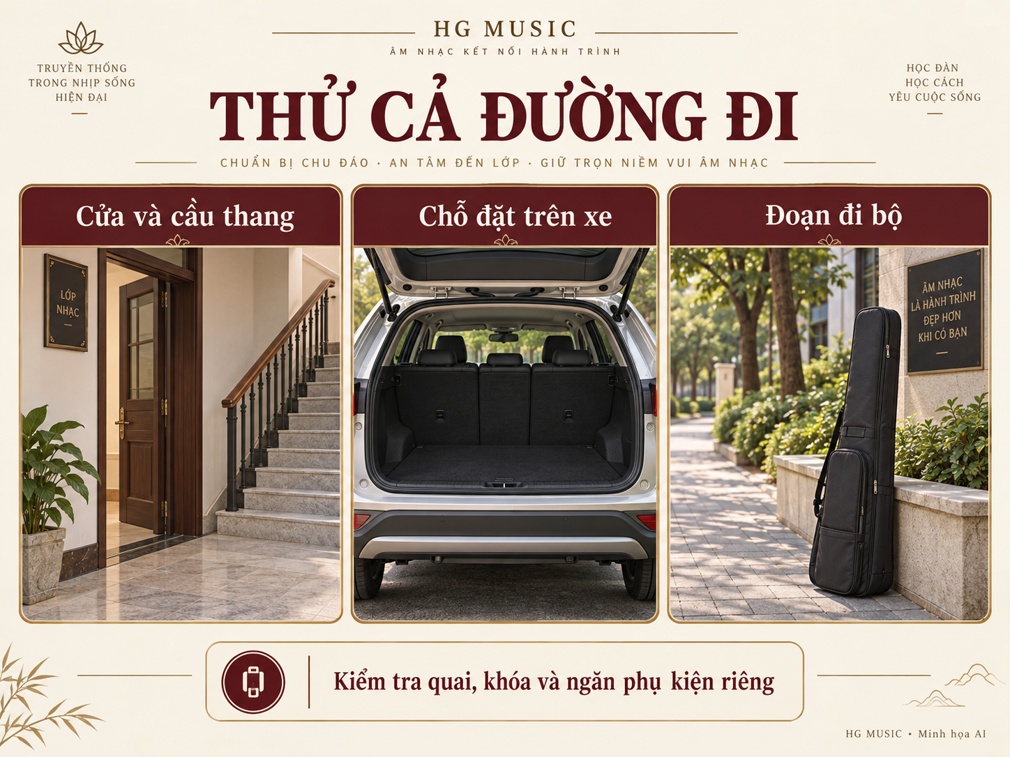 Ba điểm cần kiểm tra khi mang đàn đi học: cửa và cầu thang, chỗ đặt trên xe, đoạn đi bộ; kèm nhắc kiểm tra quai, khóa và ngăn phụ kiện.
