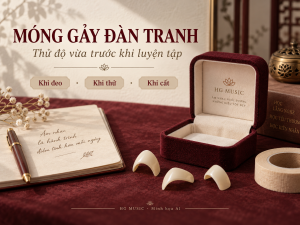 Minh họa chủ đề móng gảy đàn tranh: hộp phụ kiện, sổ ghi và ba thời điểm kiểm tra khi đeo, khi thử, khi cất.