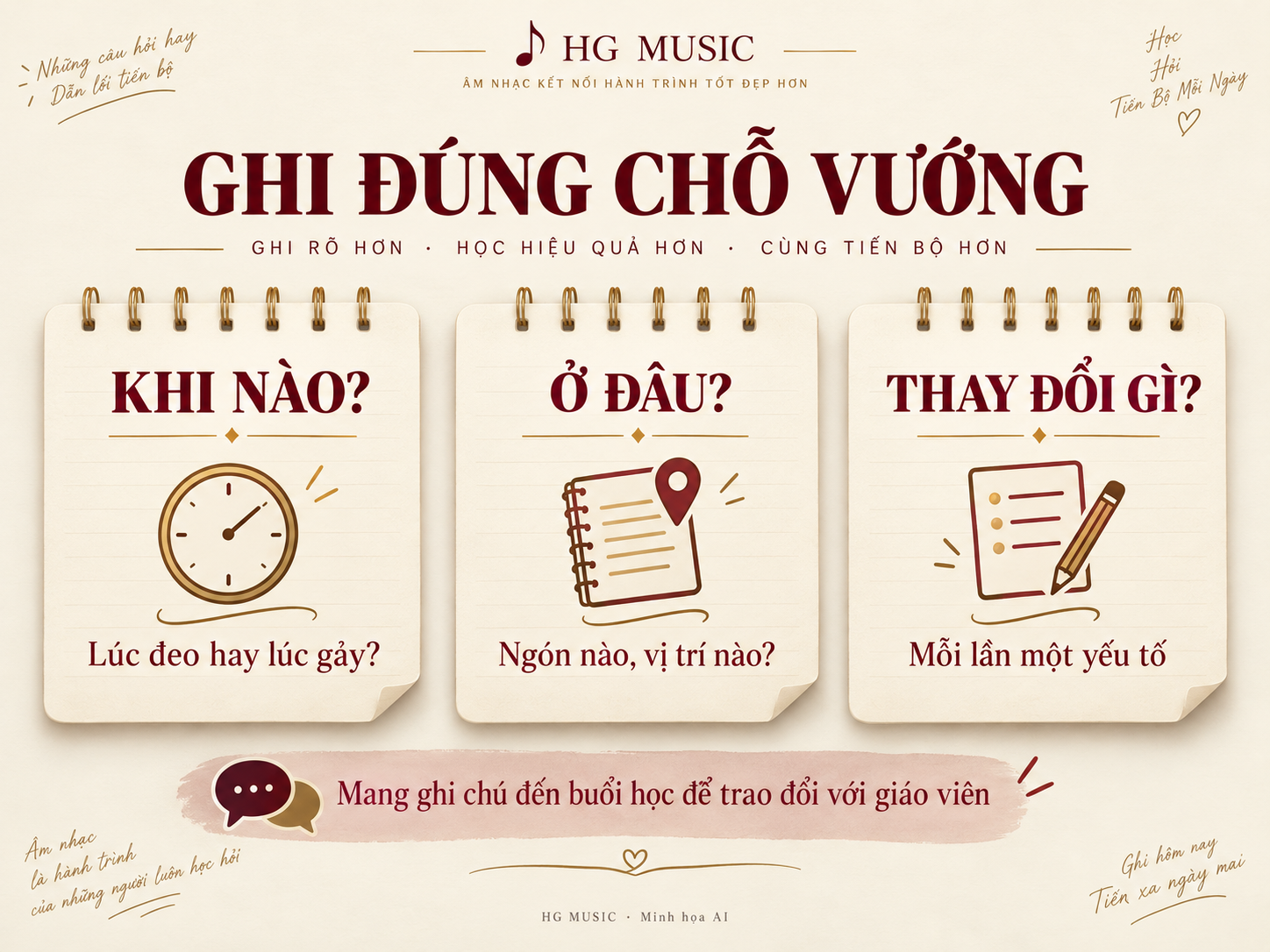 Ghi nhận ba thông tin khi thử móng gảy: xảy ra khi nào, ở ngón hoặc vị trí nào, đã thay đổi yếu tố gì.