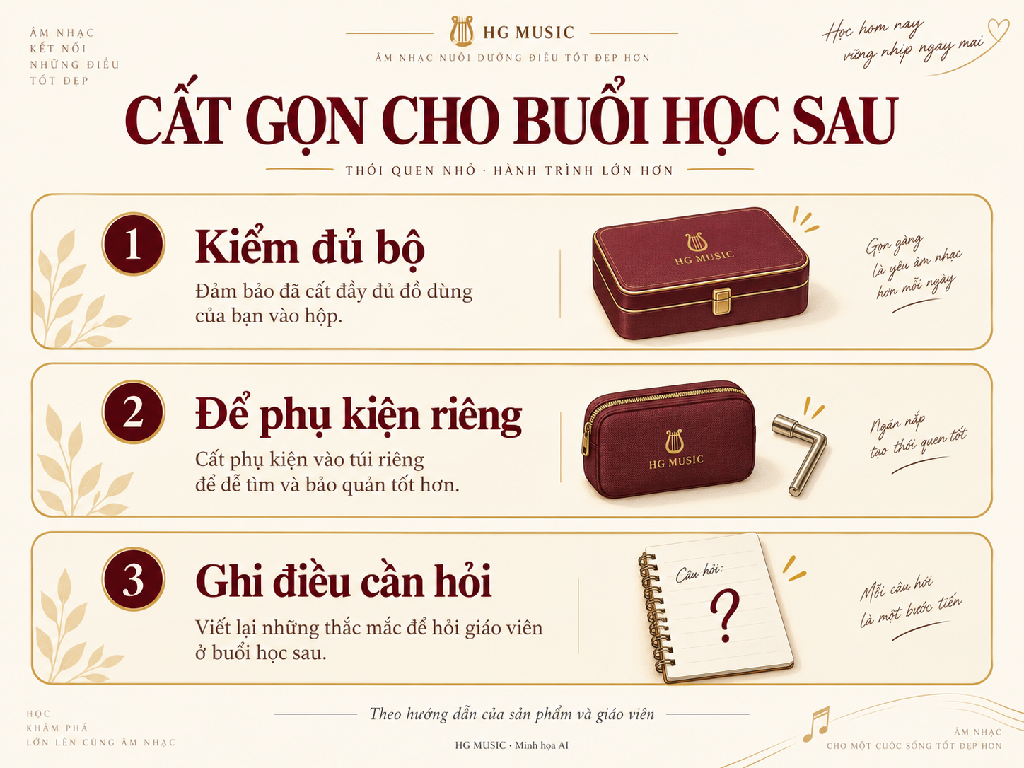 Checklist cất đồ sau buổi học: kiểm đủ bộ, để phụ kiện riêng và ghi điều cần hỏi giáo viên.