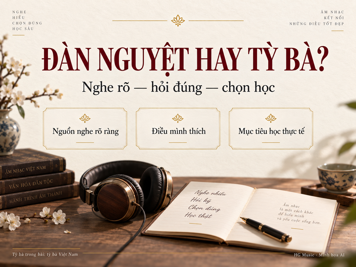 Chọn học đàn nguyệt hay tỳ bà Việt Nam qua nguồn nghe, sở thích và mục tiêu học.