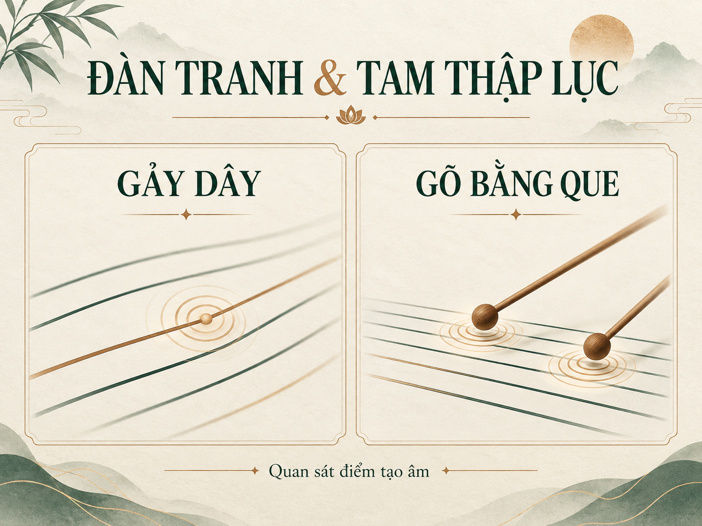 Đồ họa khái niệm phân biệt đàn tranh gảy dây và tam thập lục gõ bằng que.