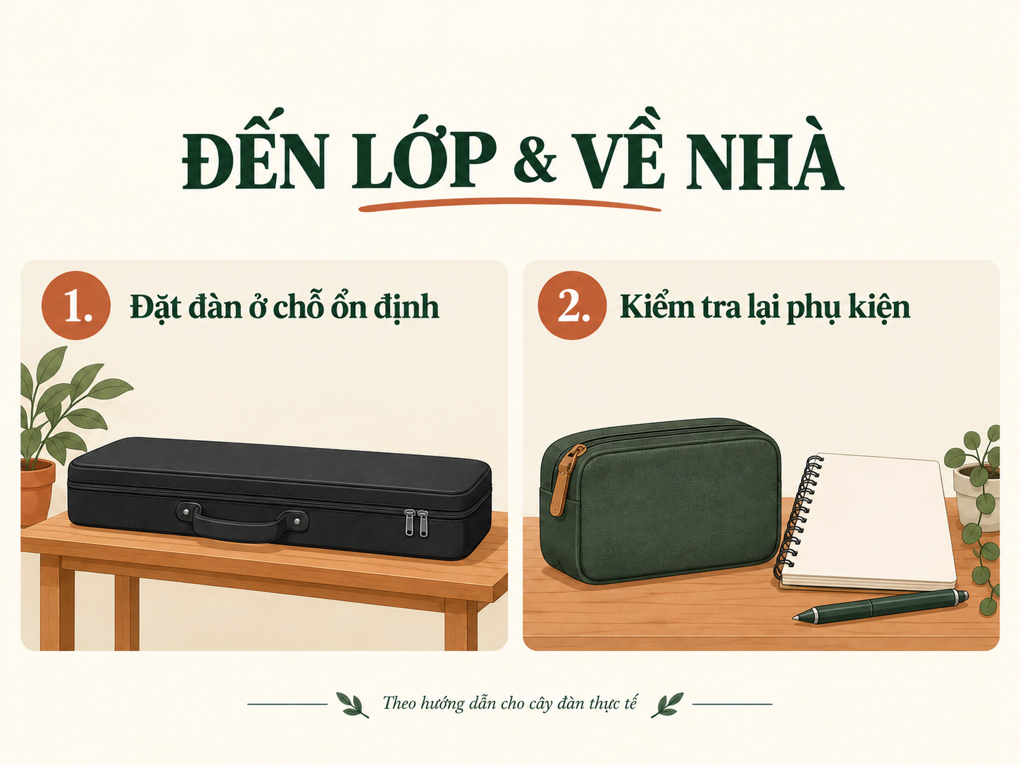 Hai việc khi đến lớp và về nhà: đặt đàn ở chỗ ổn định và kiểm tra lại phụ kiện.