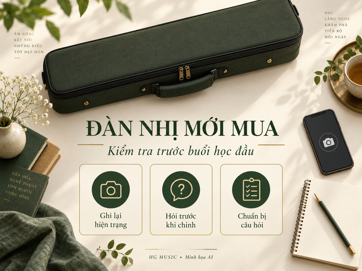 Minh họa AI checklist đàn nhị mới mua: ghi lại hiện trạng, hỏi trước khi chỉnh, chuẩn bị câu hỏi; hộp đàn đóng, điện thoại và sổ, không phải sơ đồ cấu tạo đàn.