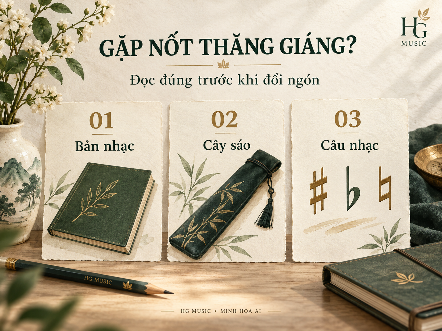Minh họa AI ba điểm cần kiểm tra khi sáo trúc gặp dấu hóa: bản nhạc, cây sáo và câu nhạc; không phải bảng thế bấm.