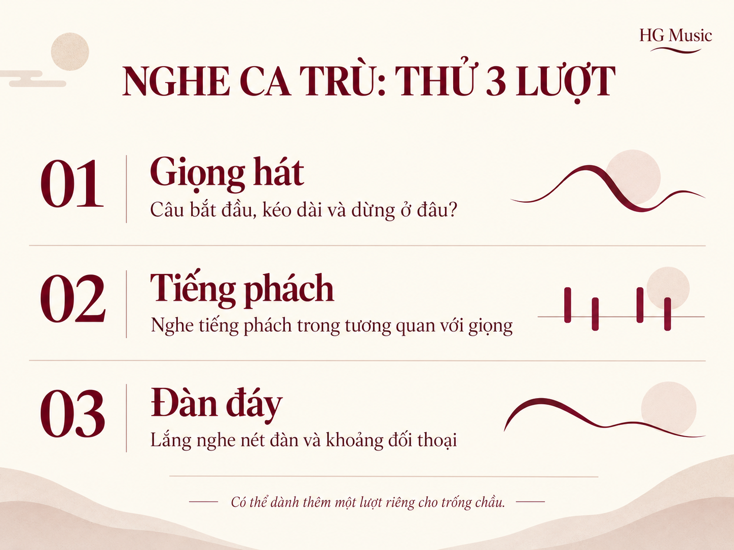 Ba lượt nghe ca trù: theo giọng hát, nghe tiếng phách và chú ý đàn đáy; có thể nghe riêng trống chầu