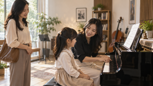 Ảnh minh họa AI: phụ huynh quan sát trẻ làm quen với giáo viên bên đàn piano