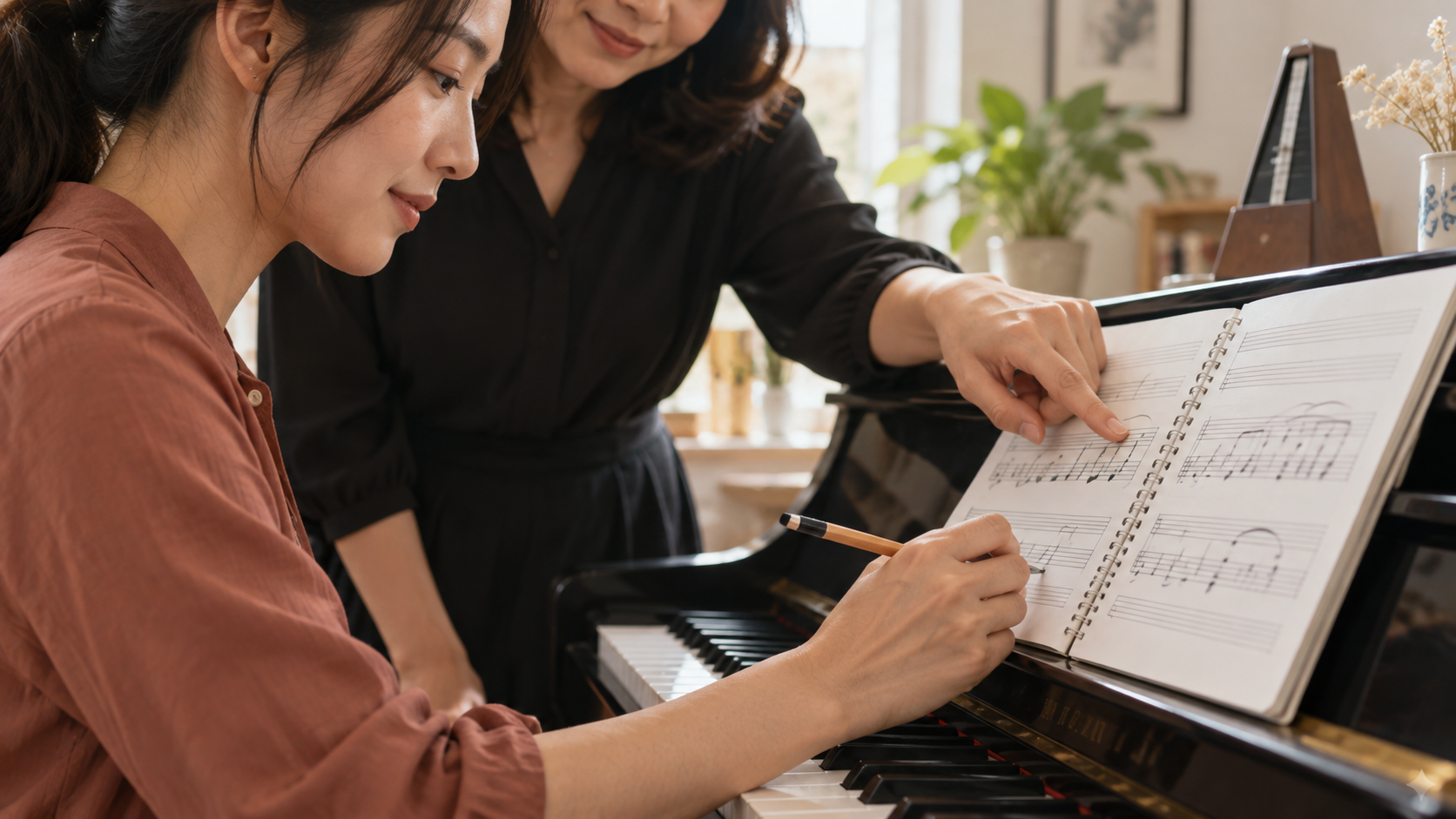 Người học thanh nhạc trưởng thành ghi chú một câu nhạc bên đàn piano, ảnh minh họa AI